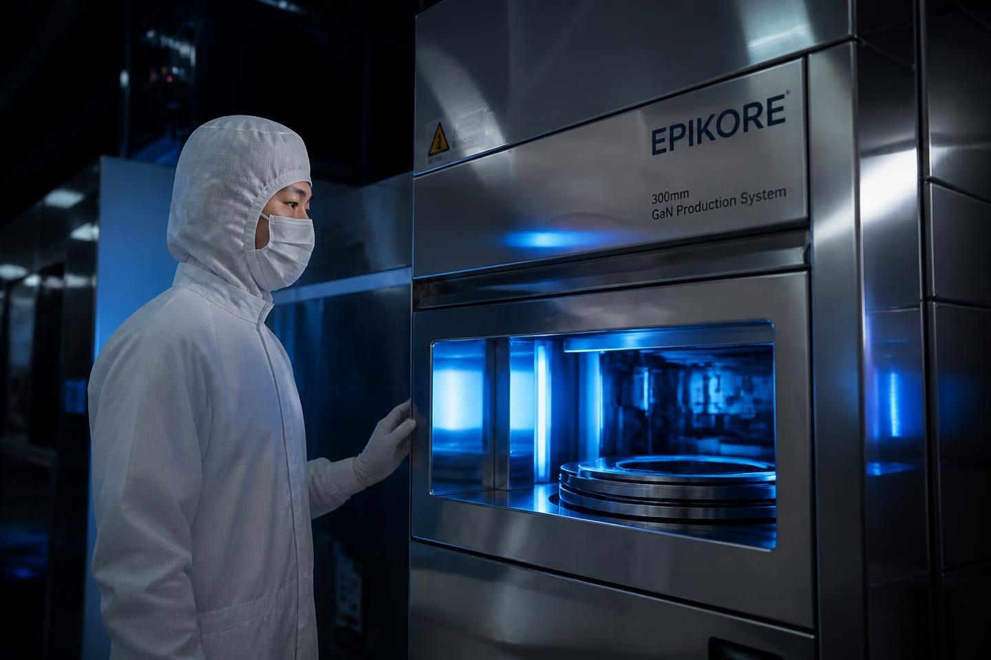 Engineer in cleanroom coveralls beside a 300 mm epitaxy tool loadport at the Aledia microLED fab in Champagnier, blue process light on polished stainless steel.
