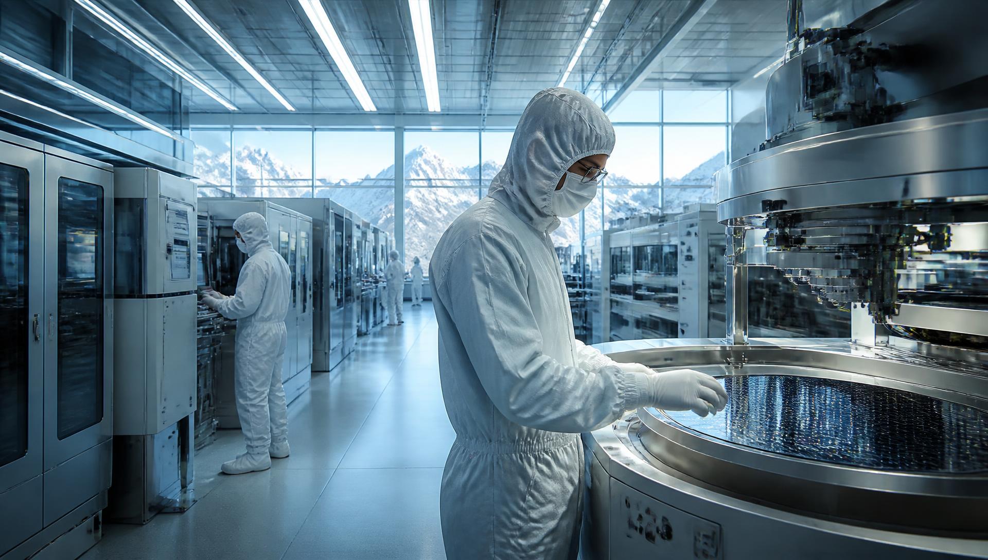Engineers in white coveralls inside the CEA-Leti FAMES pilot line cleanroom in Grenoble, beside 300 mm wafer processing equipment.