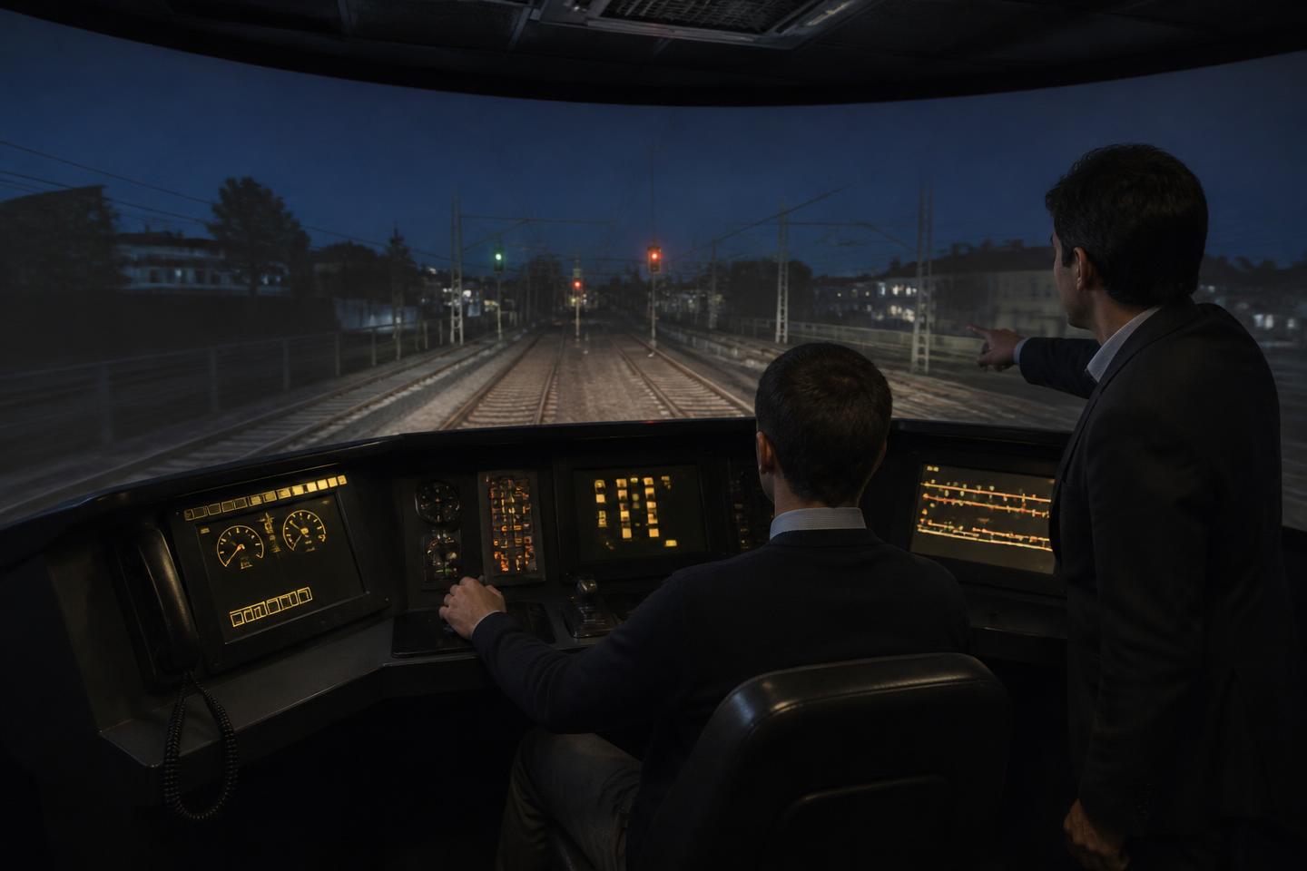 Full-scope control-room training simulator with tiled operator panels and instructor station, cool indicator light on dark consoles, Grenoble simulation engineering.