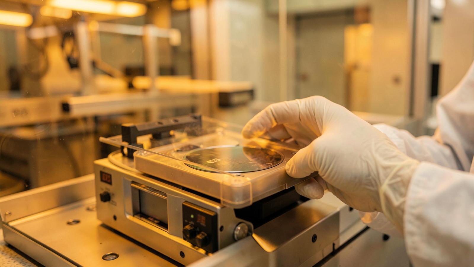 Gloved hands guiding a 300 mm FD-SOI wafer cassette under amber cleanroom lighting at the Crolles front-end plant, metrology bay behind glass.