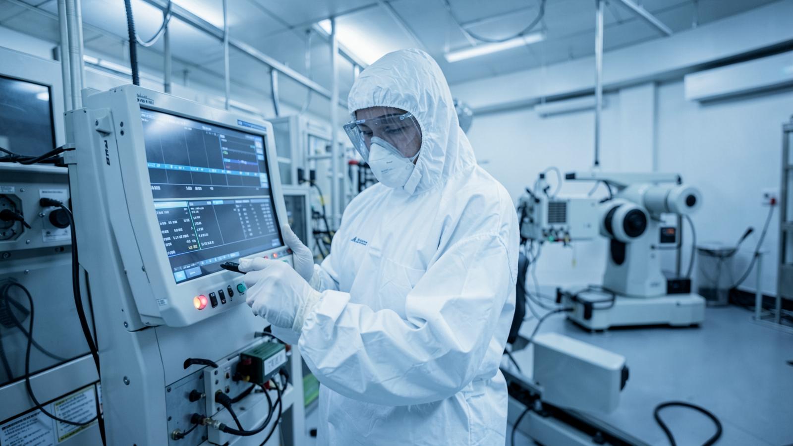 Cleanroom technician in full coveralls reading equipment metrology data on a terminal at a 300 mm semiconductor plant in Isère, wafer handler at rest.