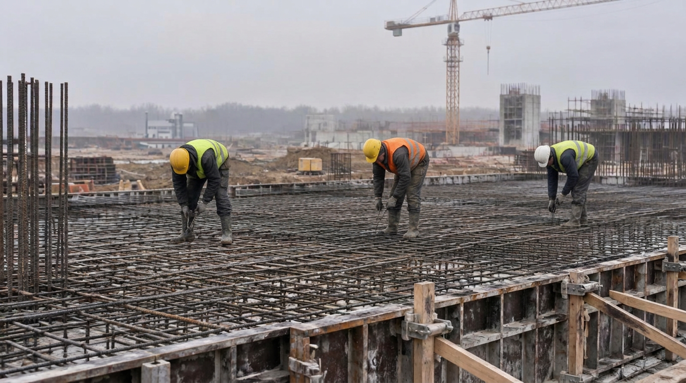 Three steel fixers tie a reinforcing-bar grid before a concrete pour at an unnamed construction site (illustration).