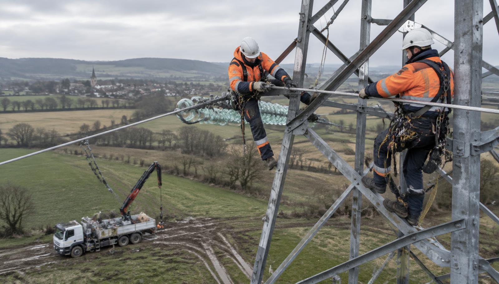 Two line workers in orange and navy workwear, white hard hats and climbing harnesses, string a conductor high on a steel lattice pylon above French farmland and a village, a crane truck parked in a muddy field below