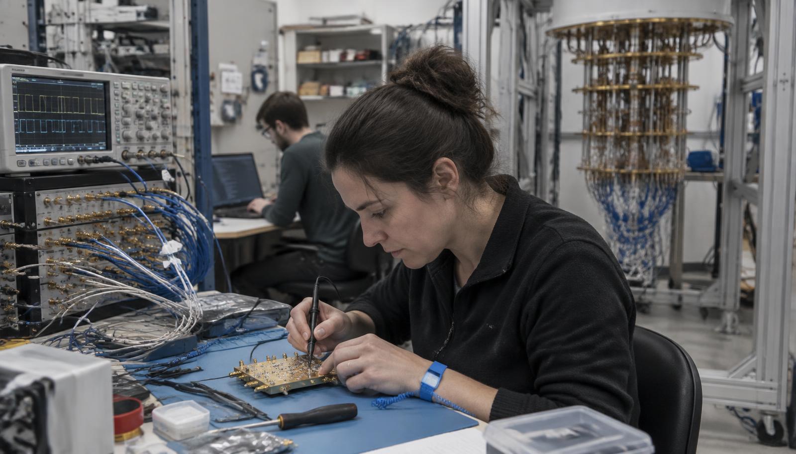 An engineer wearing an anti-static wrist strap probes a gold qubit control board beside racks of coaxial cables; behind her a colleague writes code and a wired dilution refrigerator stands open.