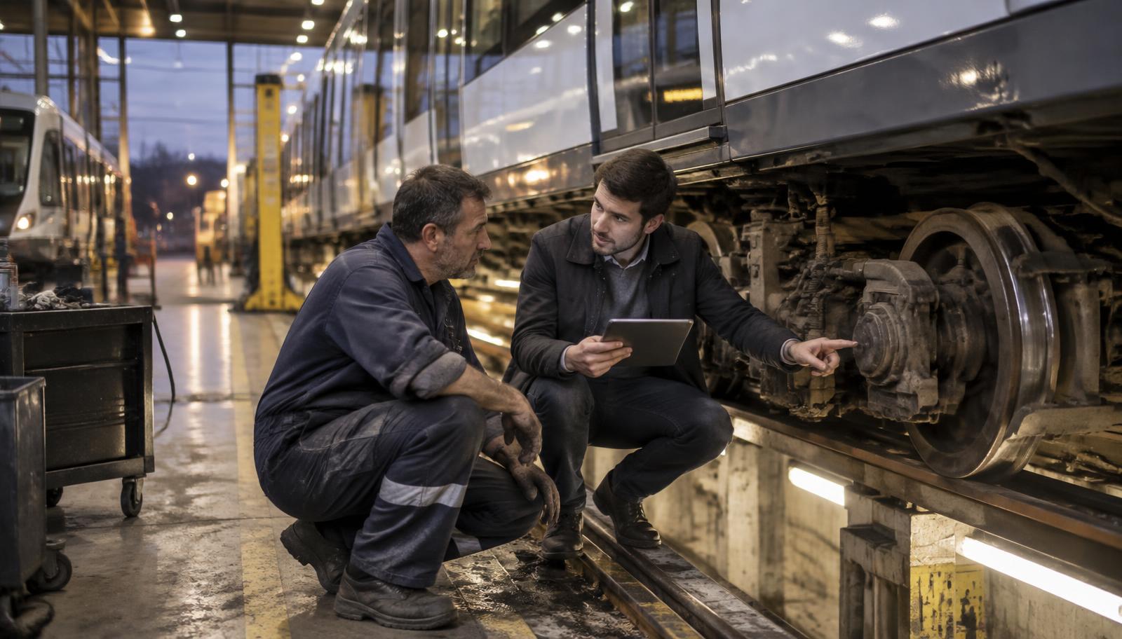 In a tram maintenance depot at dusk, a technician in navy overalls and a young engineer holding a tablet crouch beside an exposed tram wheel and brake unit, the engineer pointing at the wheelset
