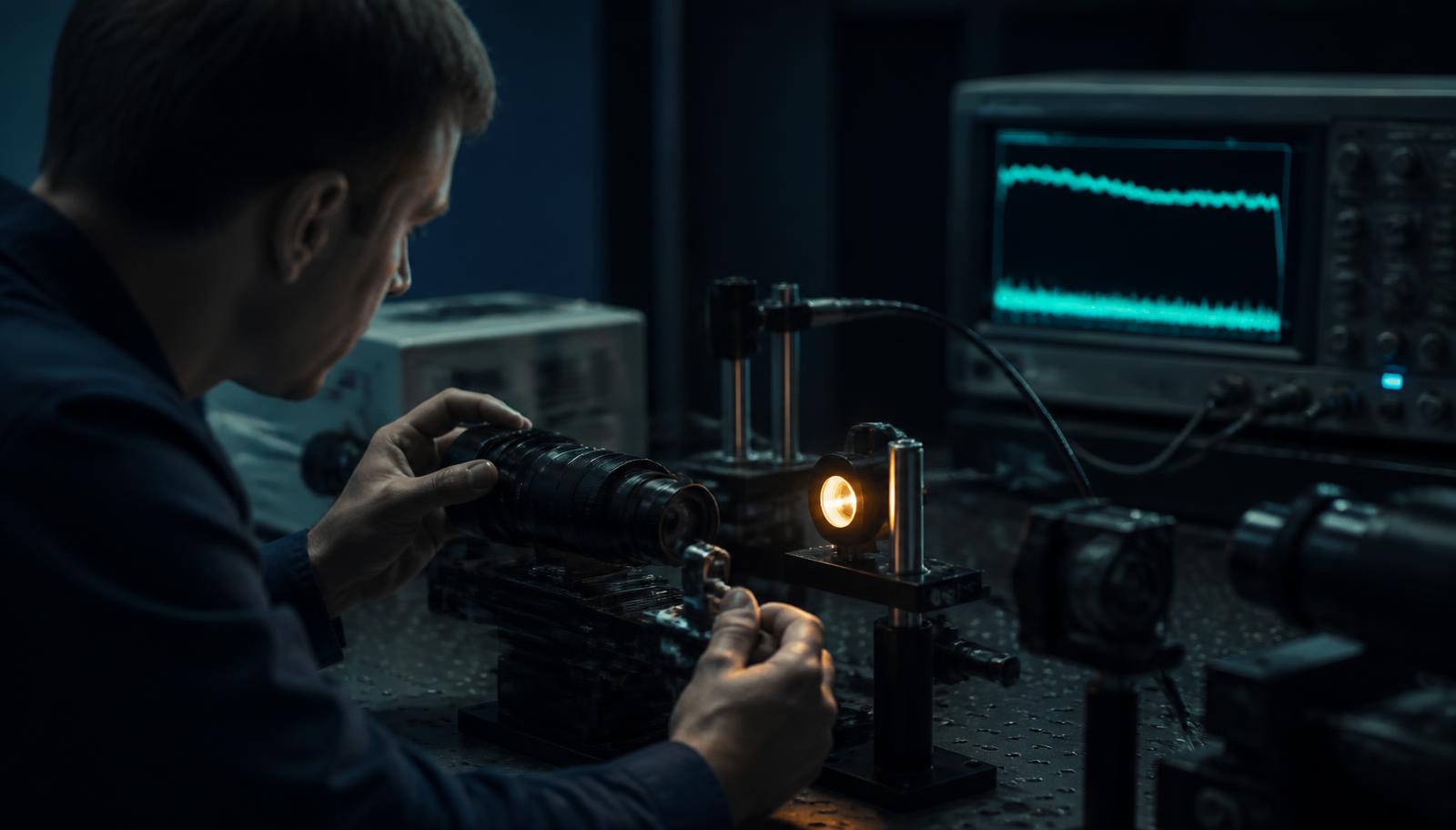 Ingénieur à un banc de test optique mesurant la figure de mérite d’un tube intensificateur d’image, traces d’oscilloscope et source d’étalonnage visibles.