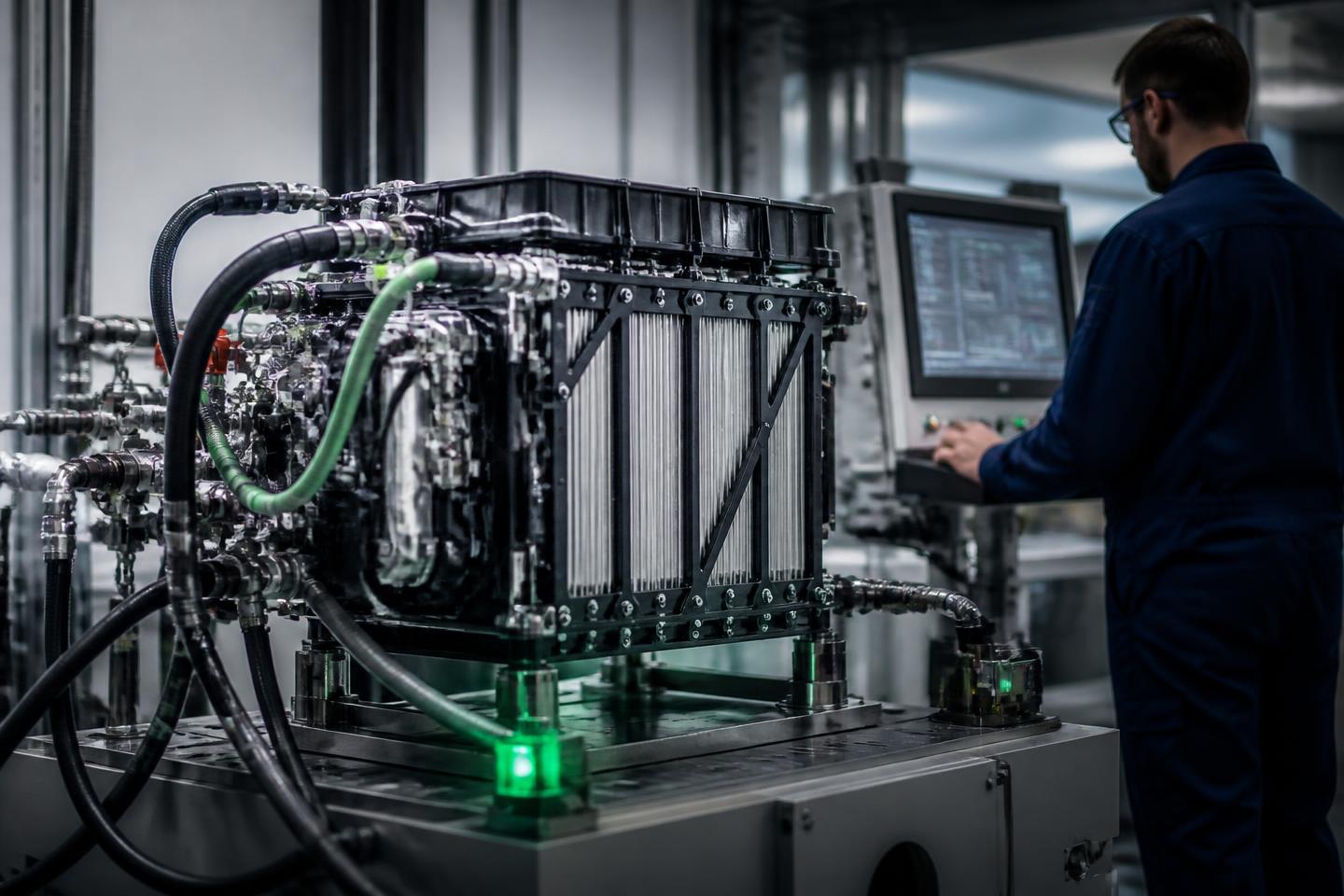 Technicienne de montage dans une usine automobile lumineuse installant un module de pile à combustible sur une ligne, outillage bleu et poste qualité à l’arrière.