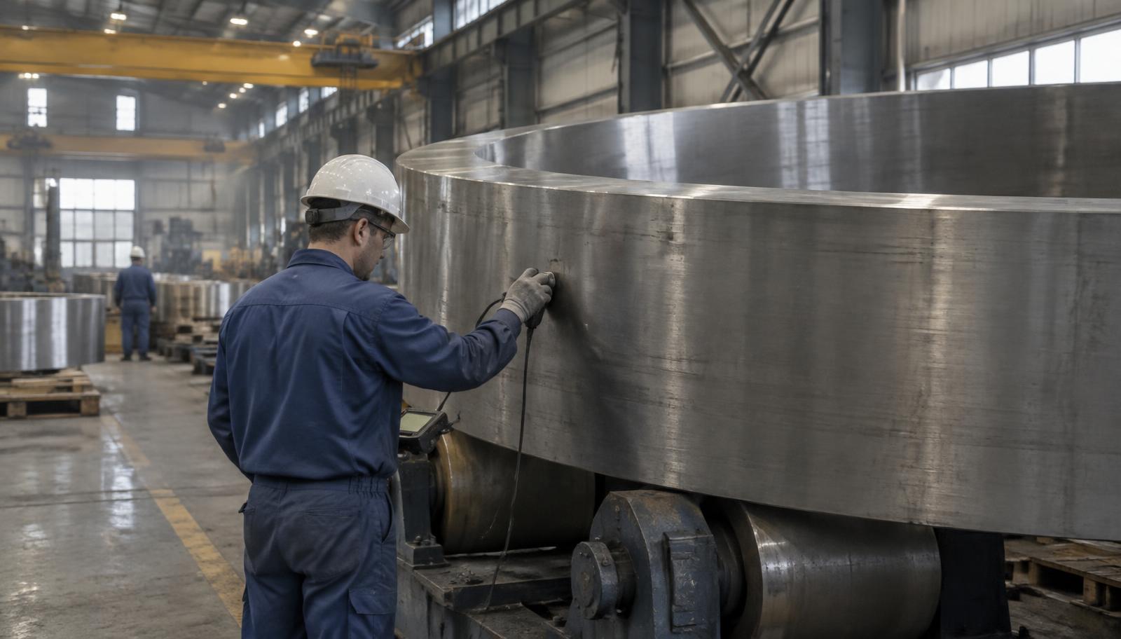 Un technicien contrôle aux ultrasons un grand anneau d’acier forgé dans l’atelier de gros composants d’un fournisseur du nucléaire.