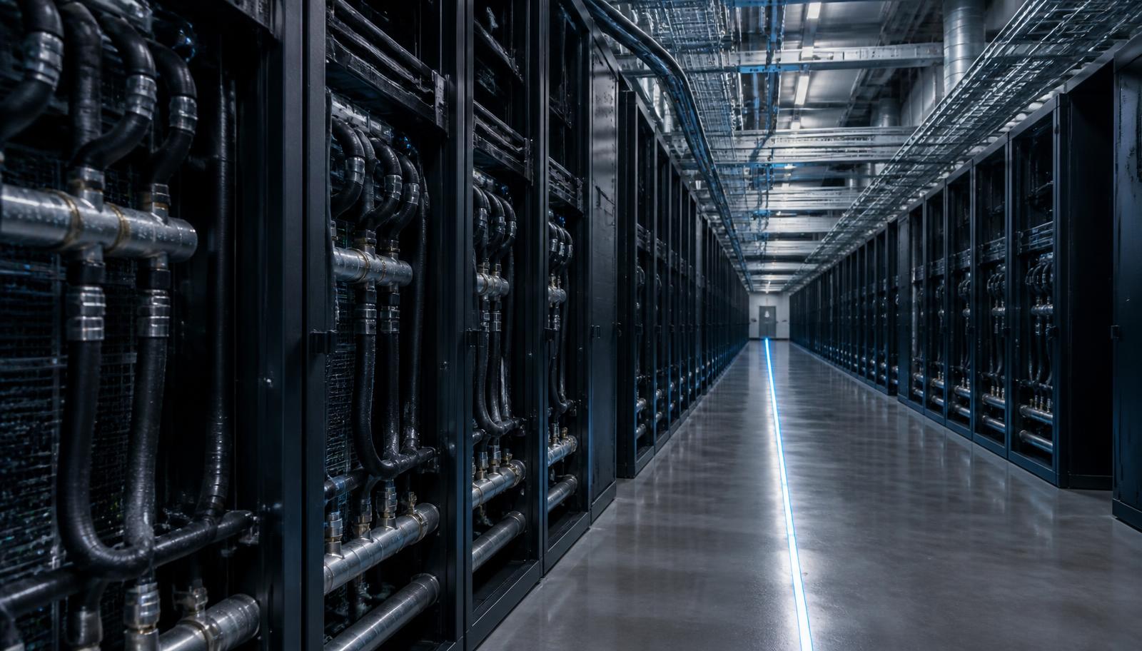 Rows of liquid-cooled accelerator racks in a European datacentre hall, cabling trays overhead and cold blue indicator light along the aisle.