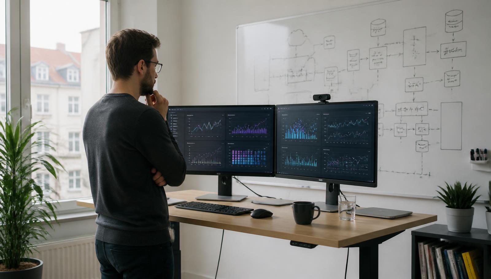 Engineer at a standing desk reviewing distributed training telemetry on two monitors in a bright European office, whiteboard with system diagram behind.