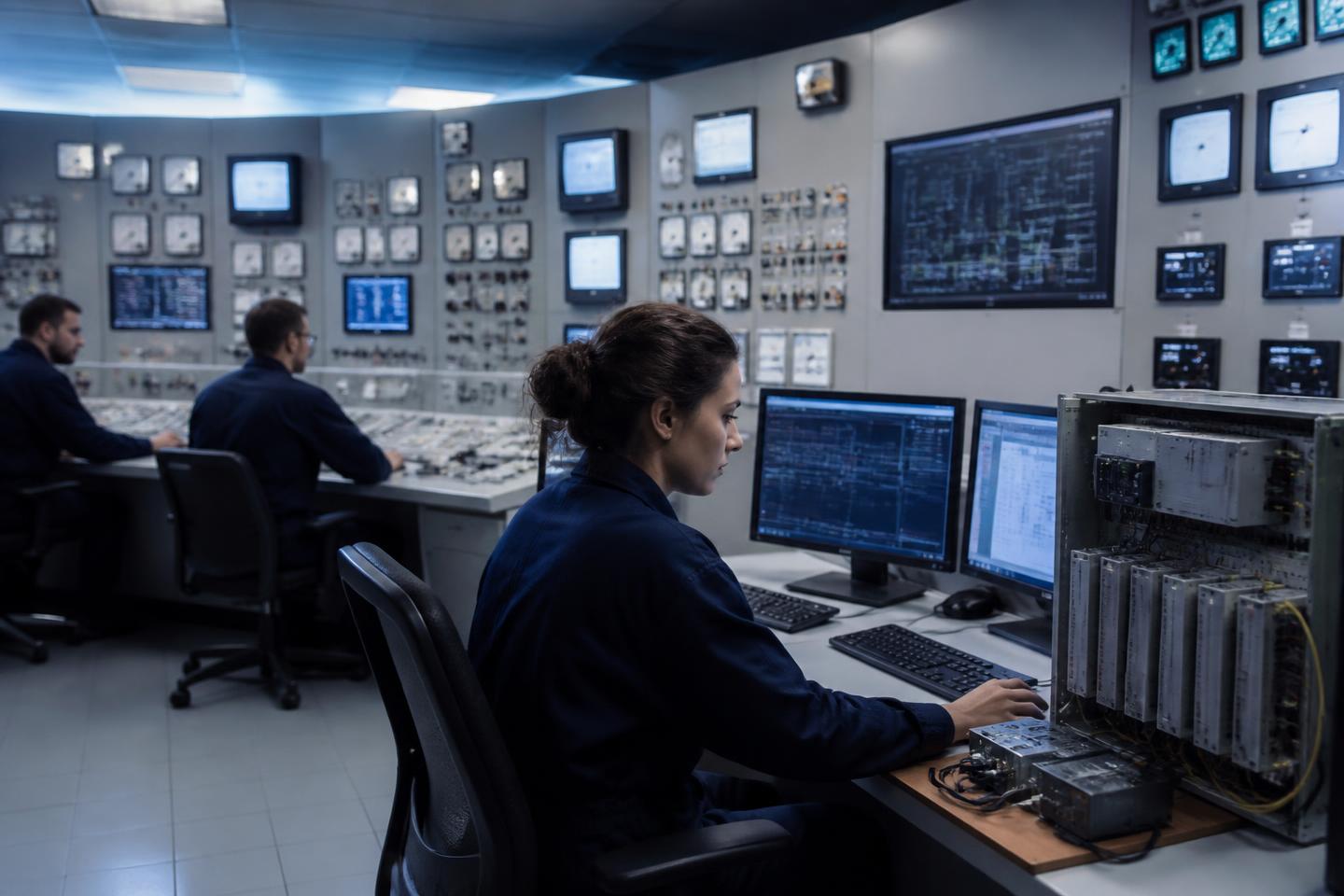 Simulation engineer comparing a dynamic process model on two screens against plant reference curves, instructor station and control panels behind, Grenoble.