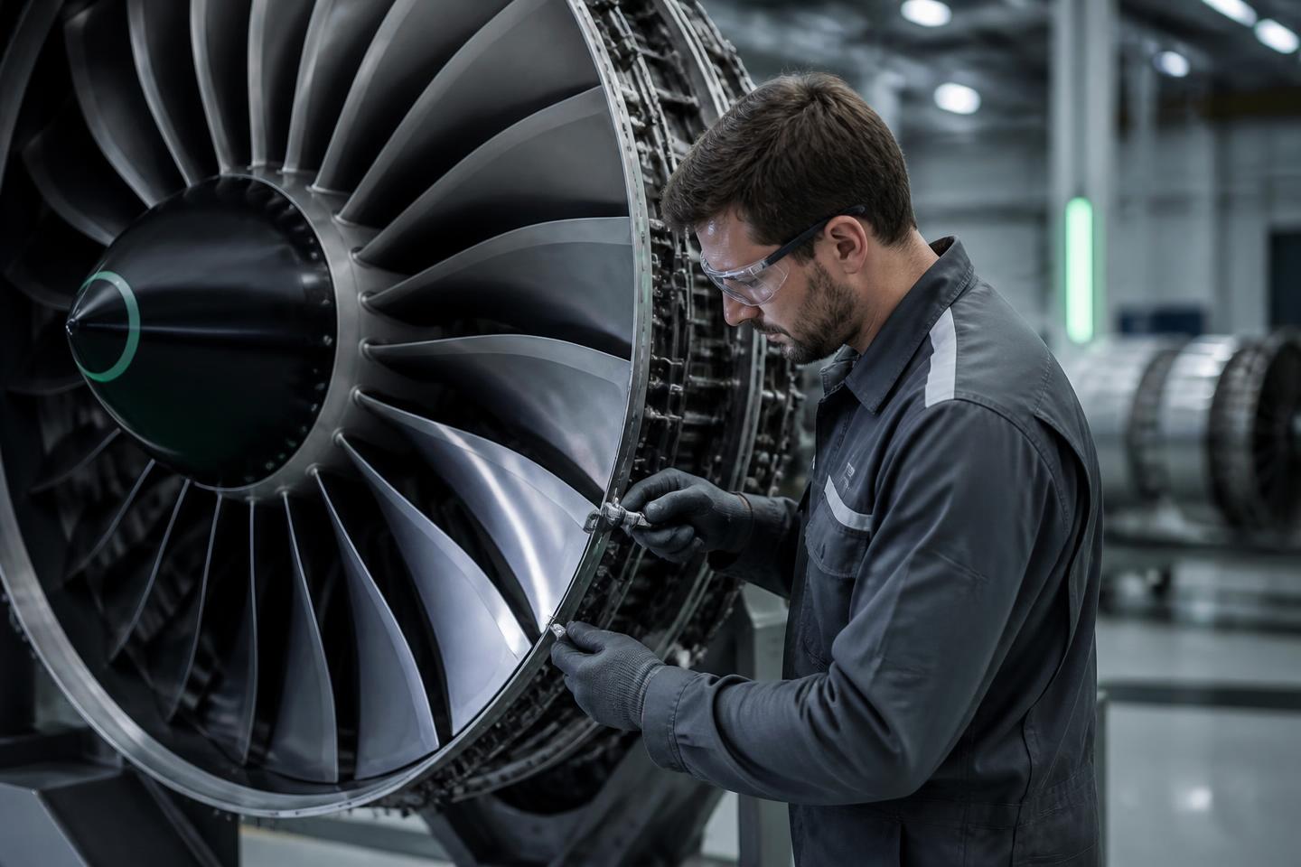 Aerospace technician in a hangar inspecting a turbofan engine fan module under directional light, tooling and inspection lamps in the foreground.