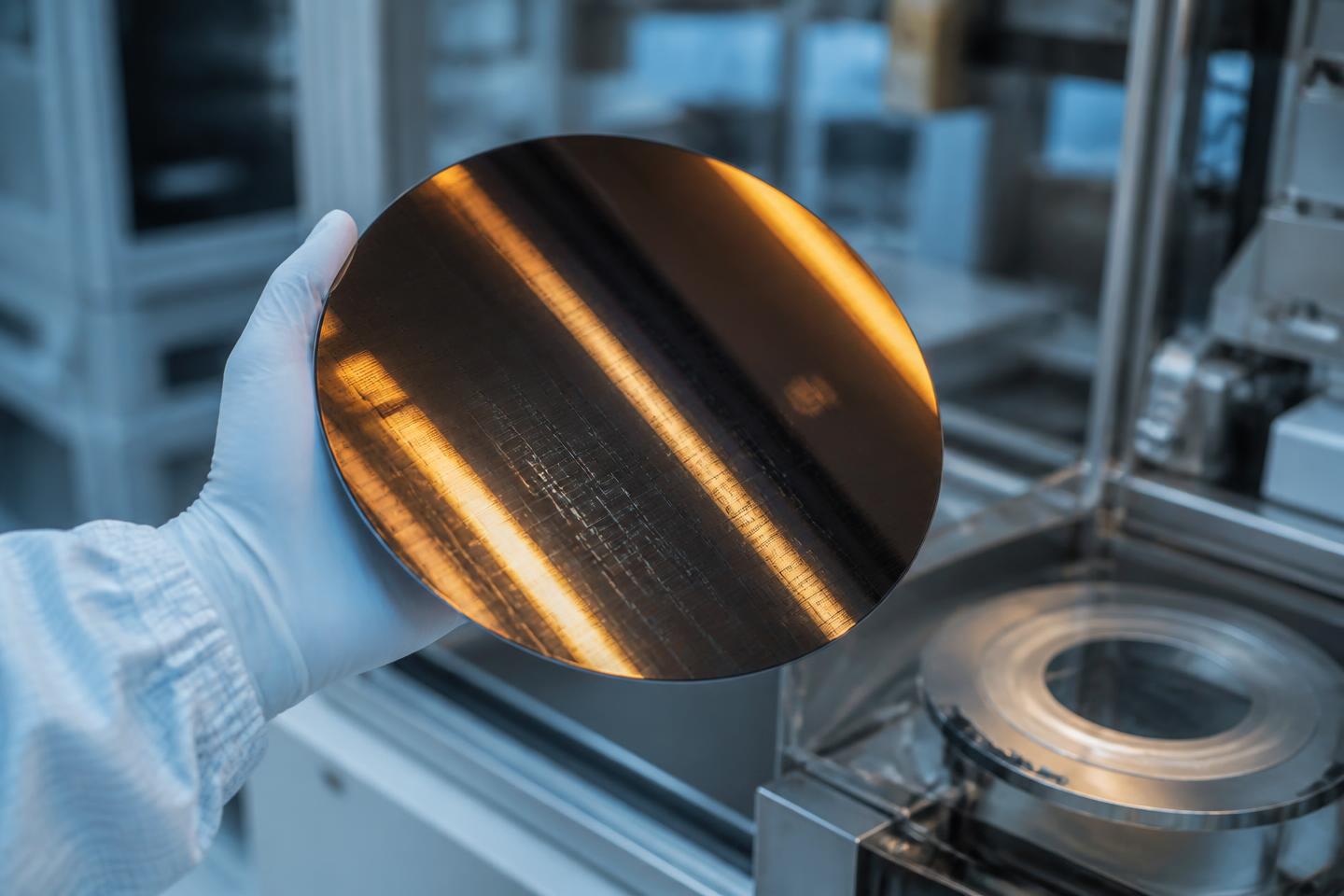 Gloved hand holding a mirror-polished engineered substrate wafer, amber cleanroom light banding across it.