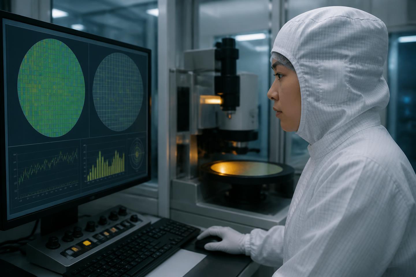 Cleanroom process engineer in coverall and hood reading wafer defect maps and control charts on a metrology screen.