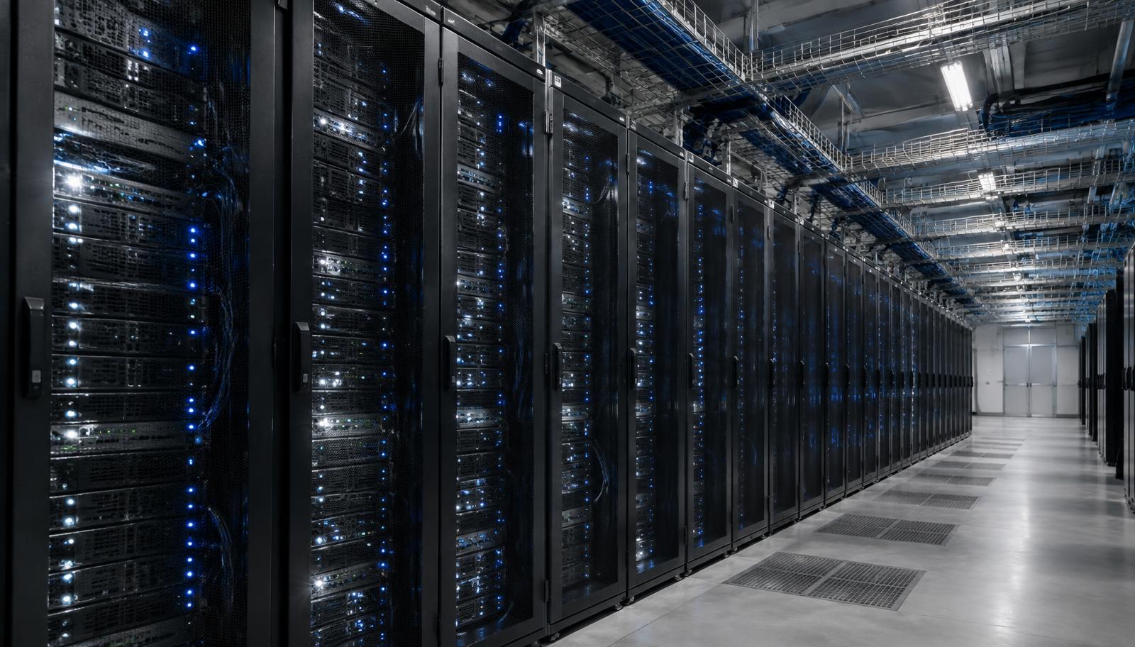 Rows of server racks in a data hall, cabling and cooling in view