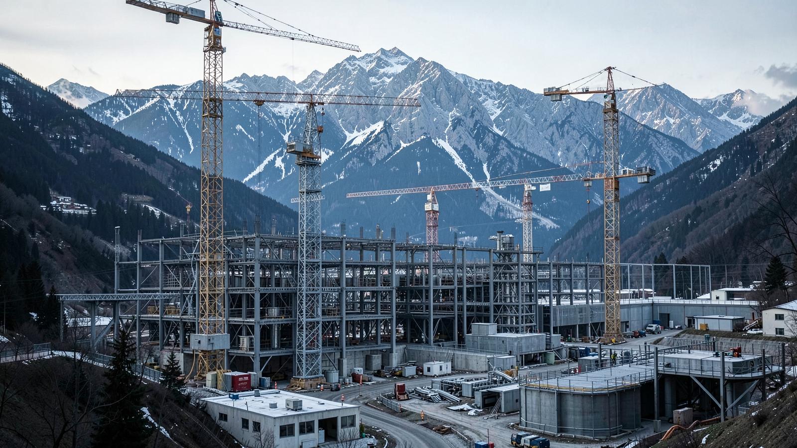 Construction cranes above the STMicroelectronics Crolles semiconductor site in the Grésivaudan valley, Belledonne ridge behind under winter light.