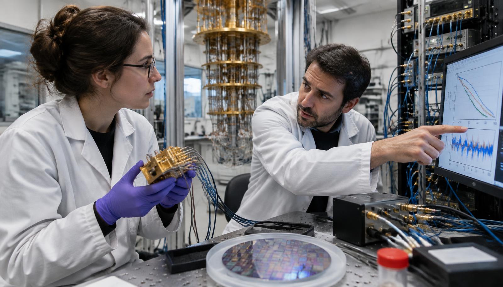 Two physicists at a cryogenic lab bench disagree over a qubit error-rate plot; she holds a gold qubit sample holder, an open dilution refrigerator hangs behind.