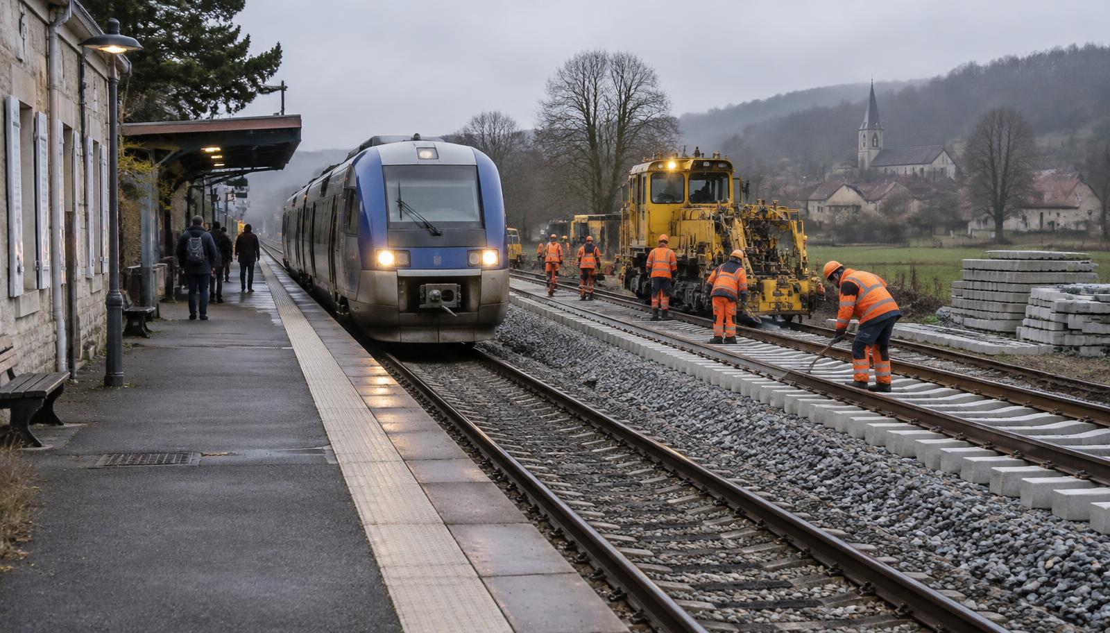 A regional train arriving at a village station on a grey morning while, on the next track, workers in orange high-visibility gear lay new concrete sleepers in front of a yellow track renewal machine