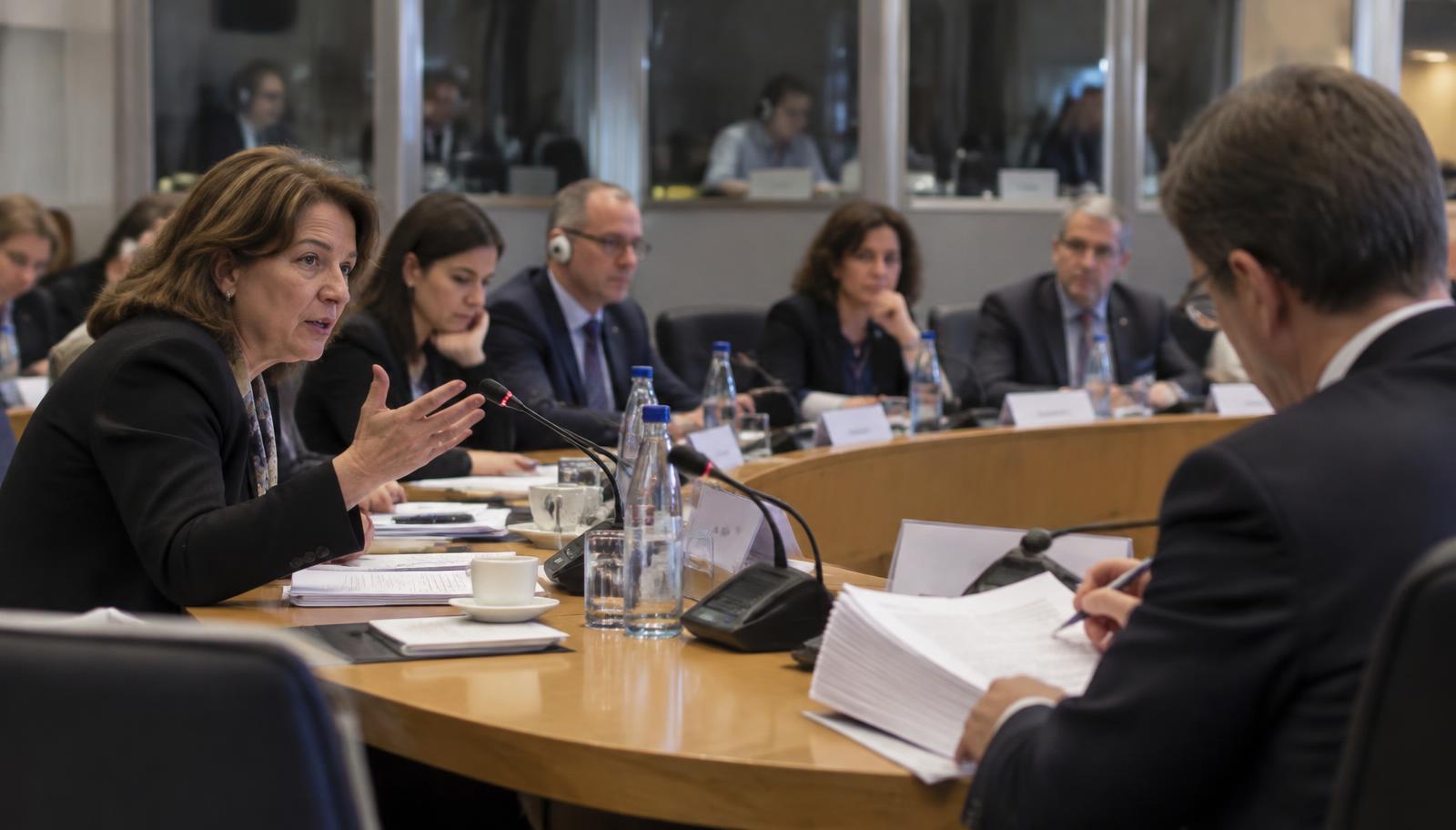 Consultation sur le reporting de durabilité : à une table en fer à cheval, une femme parle au micro, un homme annote un projet