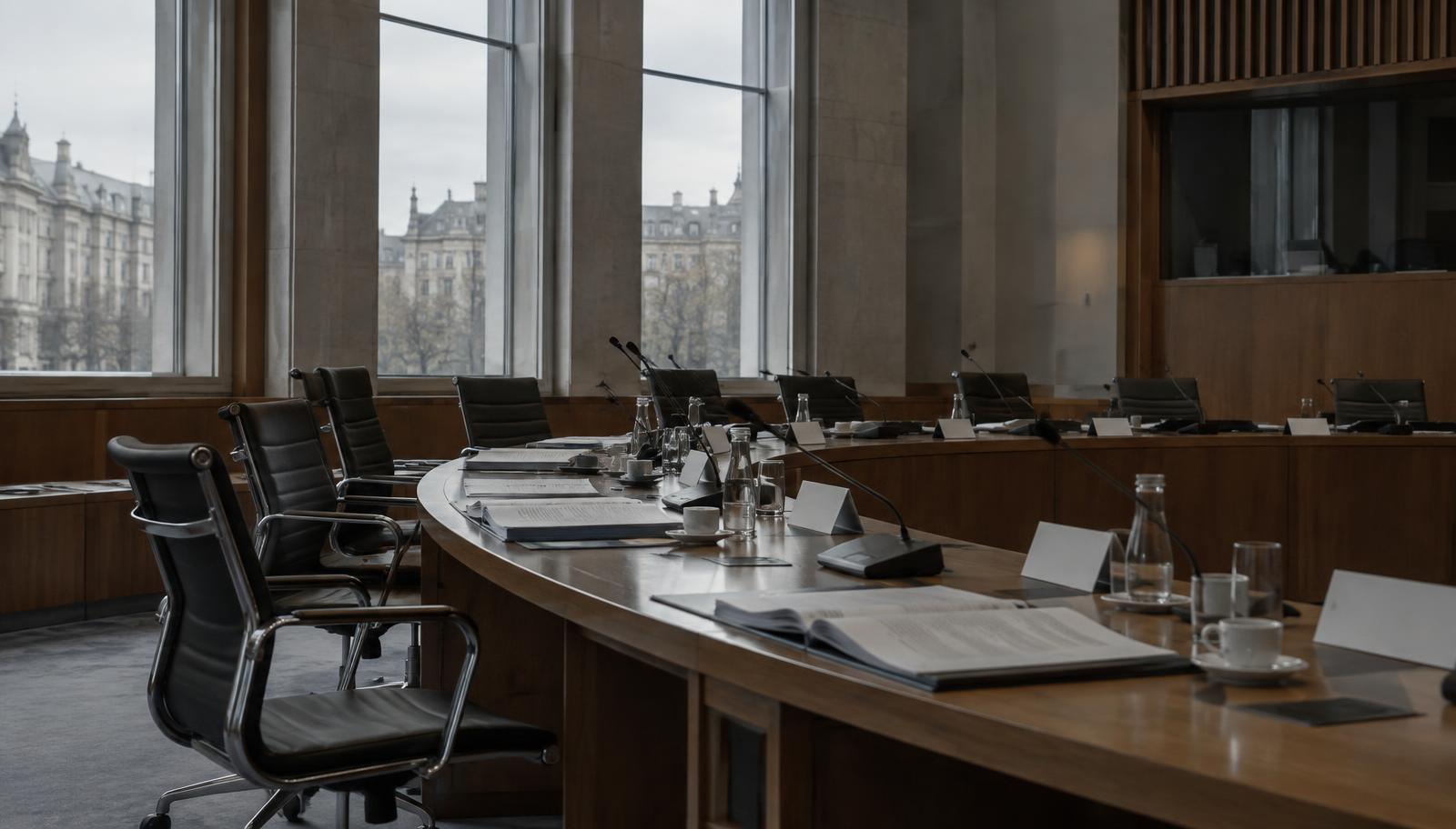 An empty institutional hearing room after a session, a long curved table with microphones, blank name cards and open bound reports, grey daylight through tall windows