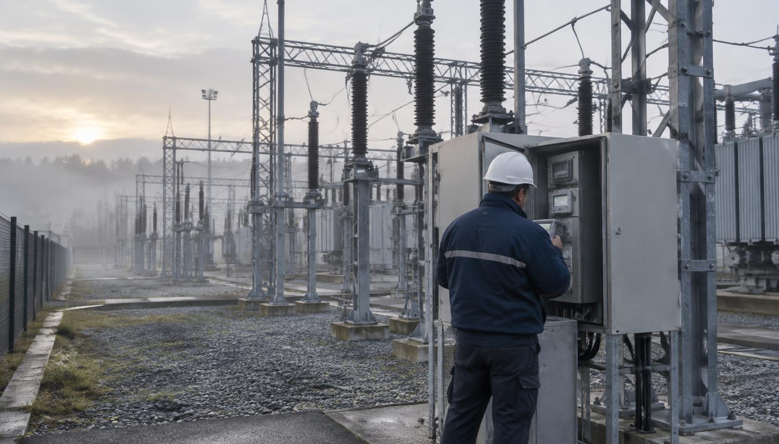 A grid technician in a white hard hat and navy jacket reads a display at an open grey metering cabinet in a high-voltage substation at dawn, gantries and insulators receding into the mist