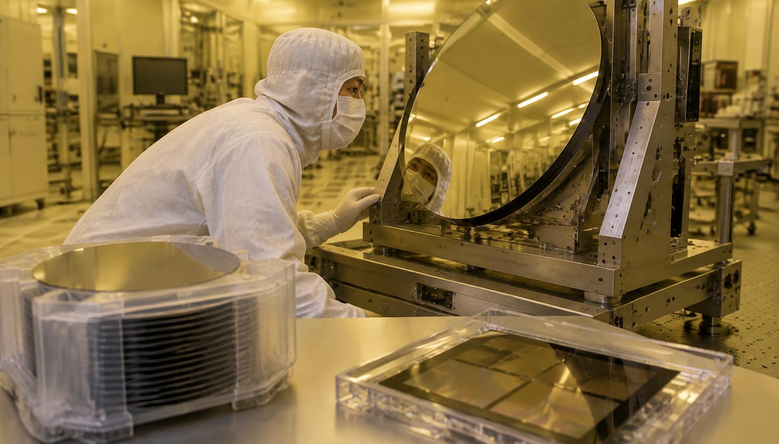An engineer in a white cleanroom suit inspects a large curved optical mirror on a steel frame, a carrier of silicon wafers and a photomask in a clear case on the bench in front