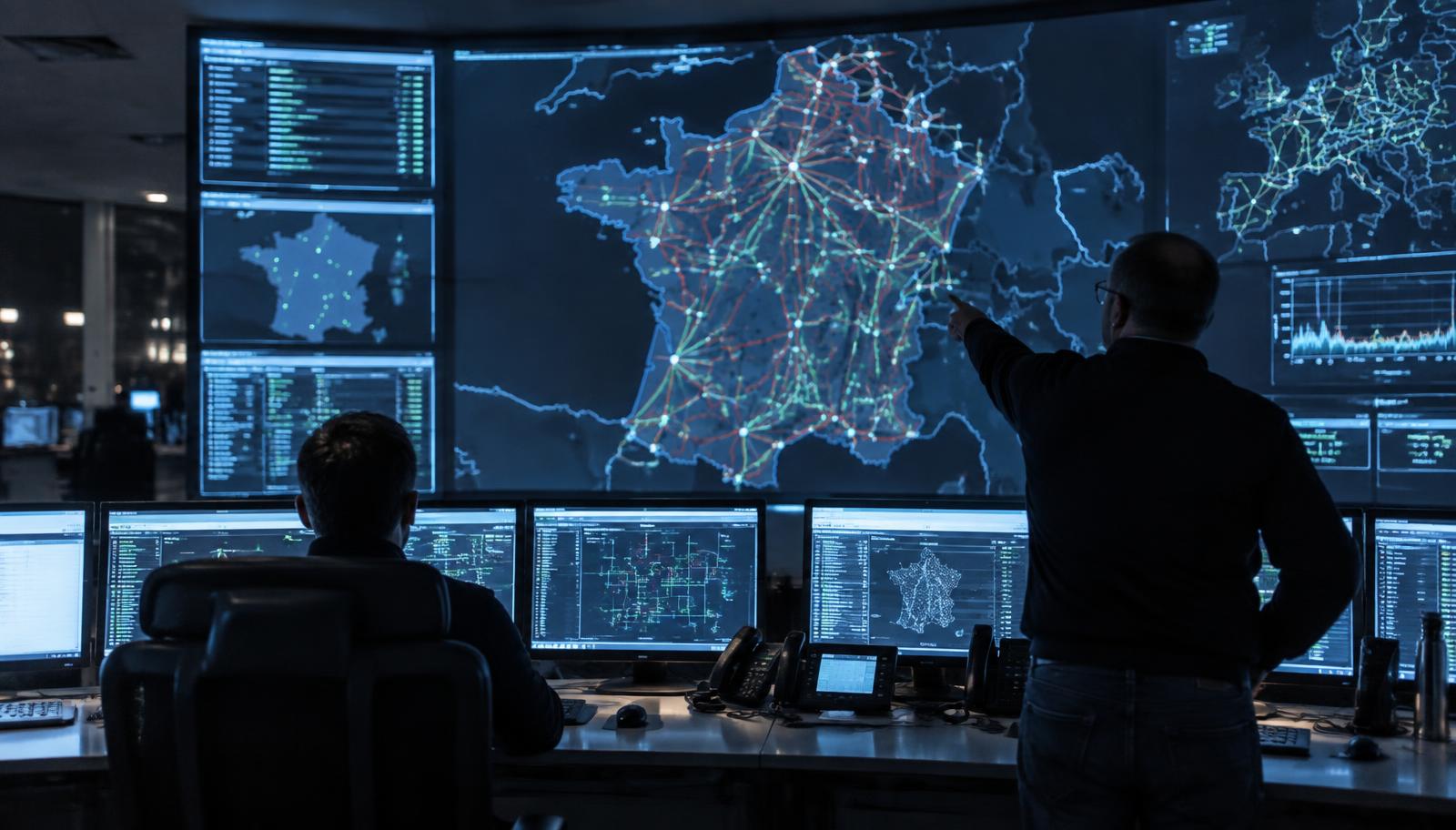 Night shift in a grid dispatching room: a wall display shows the French high-voltage network while one operator works at a console and another points at the map