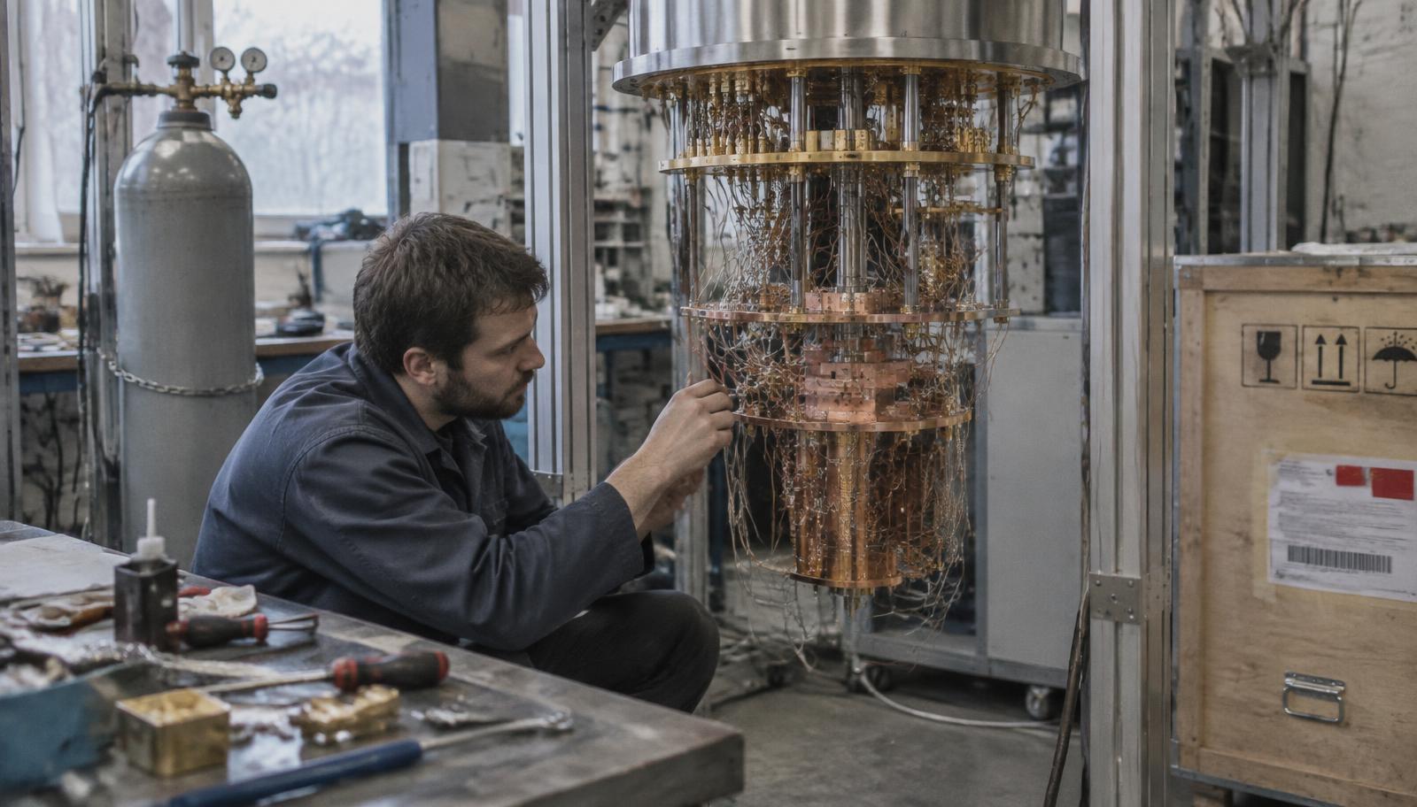 A technician kneels inside the opened stages of a dilution refrigerator, a gas cylinder and a shipping crate behind him.