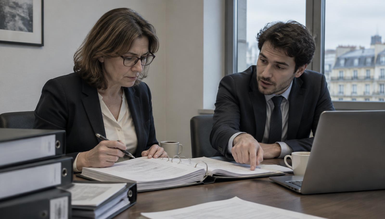 In a meeting room, an inspector annotates an open binder of audit working papers while a younger auditor beside her points at the page he is explaining.