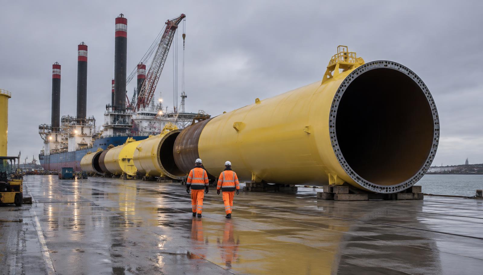 Fondations monopieux jaunes d’éoliennes en mer alignées sur un quai portuaire mouillé sous un ciel gris, un navire d’installation autoélévateur amarré derrière, deux ouvriers en tenue orange haute visibilité marchant entre elles