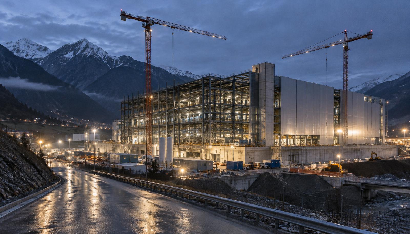 Une usine de semi-conducteurs en construction au crépuscule dans une vallée alpine, sa charpente d’acier à demi bardée, deux grues éclairées au-dessus du chantier et une route mouillée au premier plan