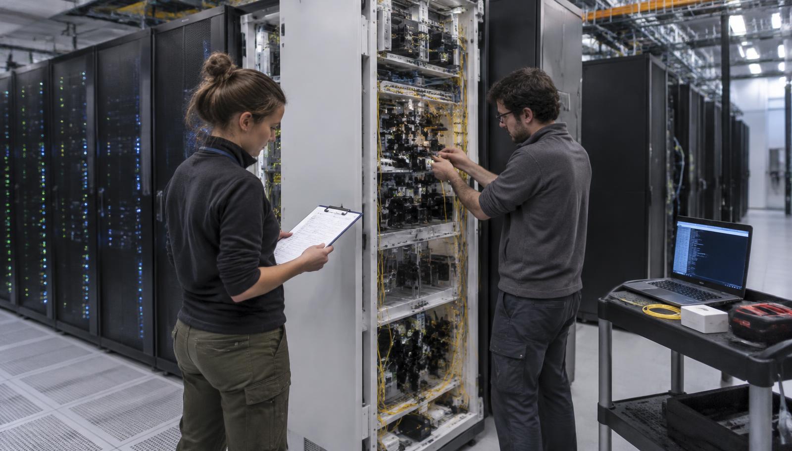 Deux ingénieurs testent un ordinateur quantique photonique fraîchement installé, armoire ouverte, entre des rangées de supercalculateurs ; l’une lit une fiche d’essai, l’autre branche une fibre.