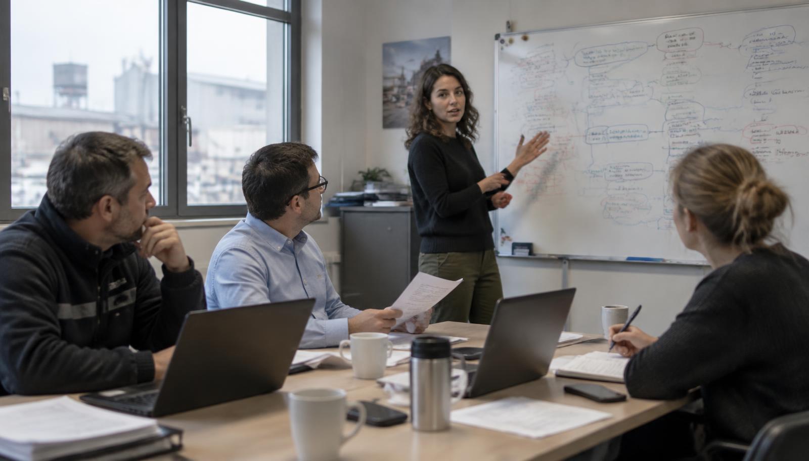 A reporting lead explains handwritten topic groups on a whiteboard to colleagues from operations, finance and HR above an industrial site