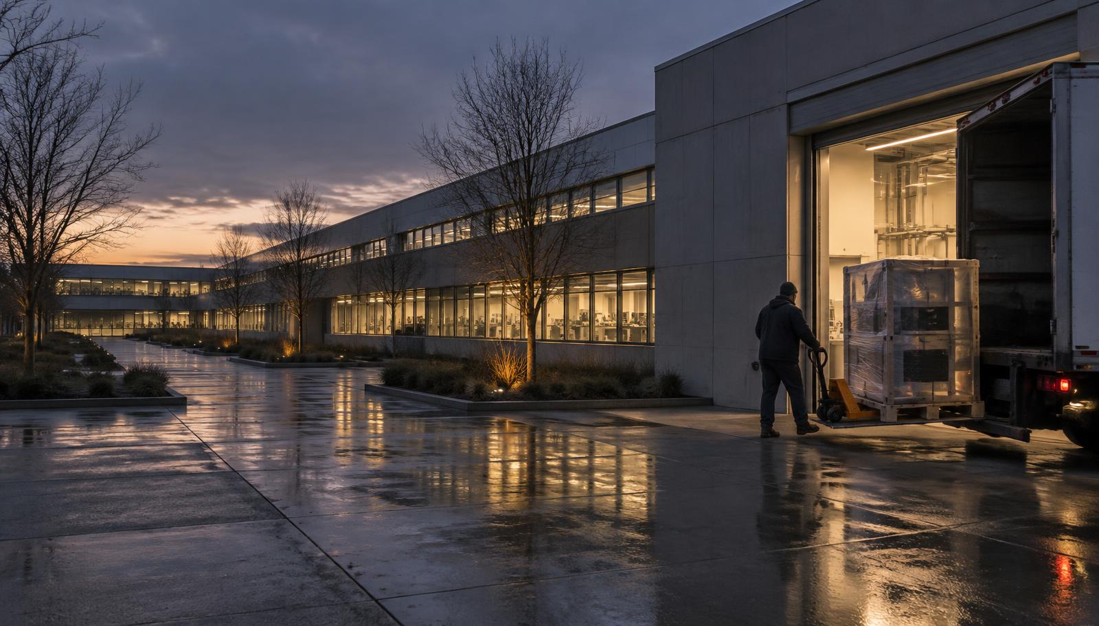 Au crépuscule, sur un campus de recherche, un technicien fait entrer une caisse d’instrument depuis un camion dans le quai éclairé d’un laboratoire.