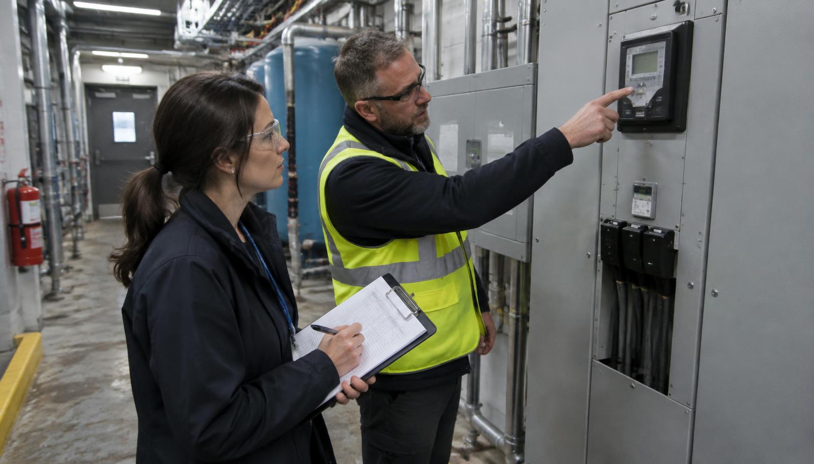 Dans le local technique d’une usine, une auditrice munie d’un porte-bloc vérifie un compteur électrique industriel, tandis que le responsable énergie du site, en gilet haute visibilité, désigne son écran.