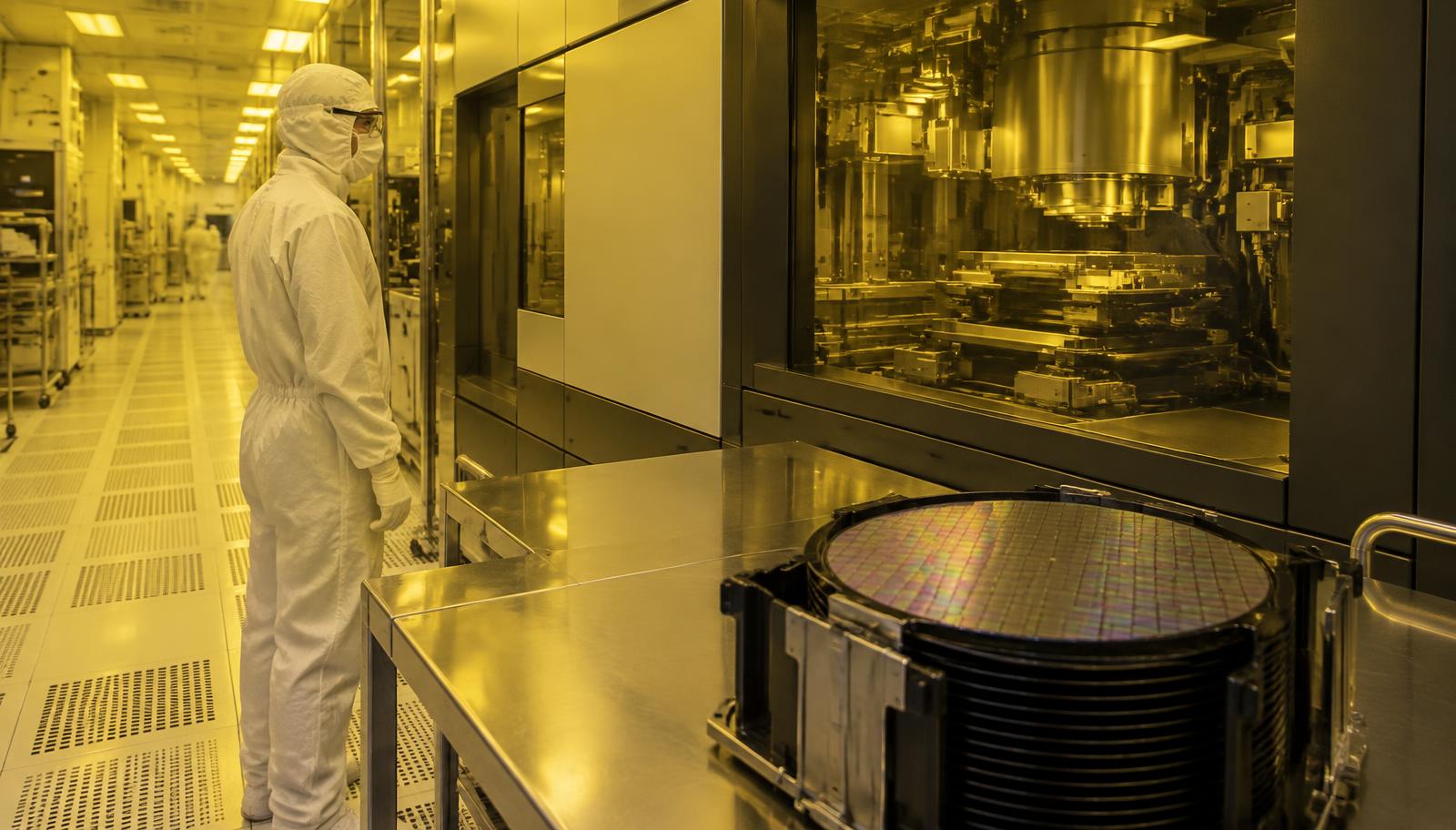 Un technicien en combinaison blanche de salle blanche se tient près d’une machine de lithographie, un support de plaquettes de silicium de 300 mm posé sur un établi en acier au premier plan