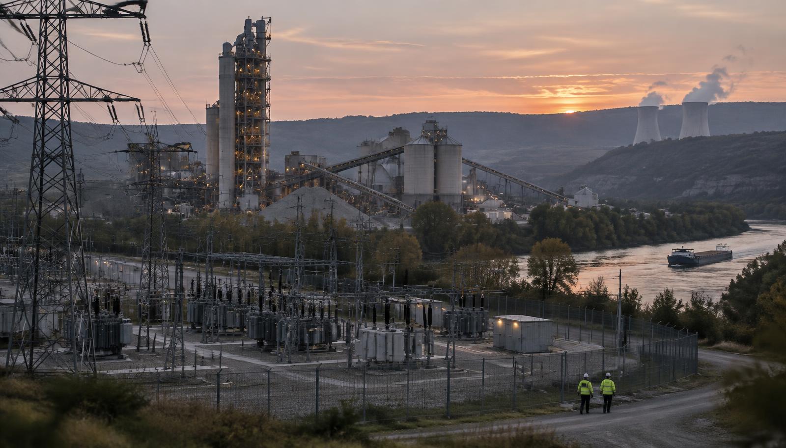 Crépuscule dans une vallée française : un poste électrique haute tension et ses pylônes devant une cimenterie, des tours de refroidissement à l’horizon, deux ouvriers en gilet haute visibilité longeant la clôture