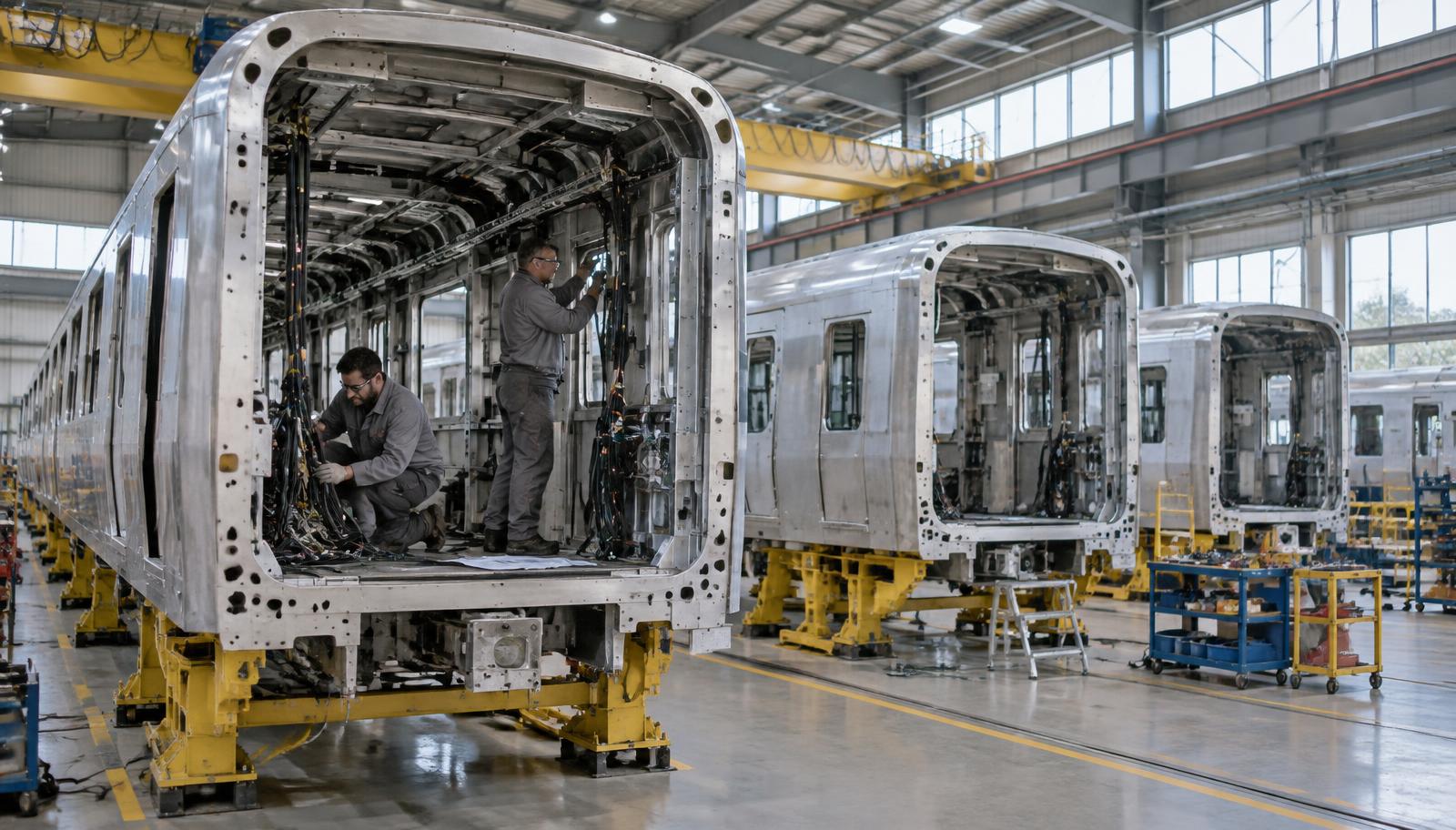Two technicians in grey workwear fit cable looms inside an unpainted aluminium train carbody on yellow assembly jigs, with two more carbodies lined up behind them in a daylit rolling-stock assembly hall under a yellow gantry crane